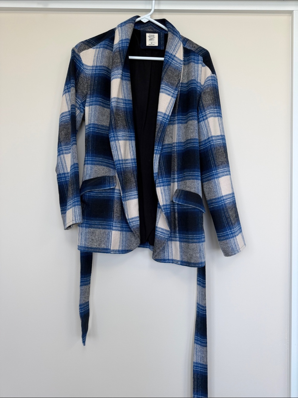$20 Blue, Black, White Plaid Jacket